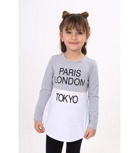 Toontoy Kız Çocuk Paris London Baskılı T-Shirt ( Gri-Melanj)