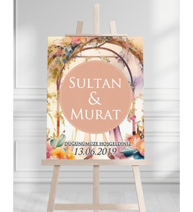 Söz Nişan Düğün İçin 50x70 Karşılama Panosu - Şeftali Çiçek Tasarımlı
