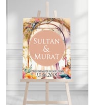 Söz Nişan Düğün İçin 50x70 Karşılama Panosu - Şeftali Çiçek Tasarımlı