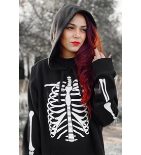 İskelet Hoodie Kapüşonlu Skeleton Tasarım Sweatshirt (Siyah)