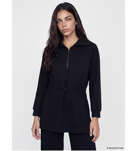 LCW Modest Siyah Fermuarlı Dik Yaka Kadın Sweatshirt Tunik