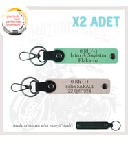 Motorcu Tarzına Özel, İsim Plaka ve 0 Rh (+) Kan Grubu, Hediyelik x2 Anahtarlık Set, Yeşil-Pudra-Syh