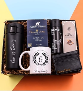 Kişiye Özel 350 ML Kilitli Siyah Çelik Termos & Siyah Kartlık & Çelenk Baskılı Kupa & Erkek Deodorant & Rebul Kolonya & Alerya Premium Filtre Kahve Hediye Seti
