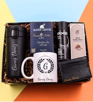 Kişiye Özel 350 ML Kilitli Siyah Çelik Termos & Siyah Kartlık & Çelenk Baskılı Kupa & Erkek Deodorant & Rebul Kolonya & Alerya Premium Filtre Kahve Hediye Seti