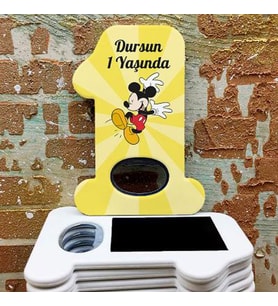 İsme Özel 1 Yaş Açacak Magnet- 1 Yaş Doğum Günü Magneti - Sarı Mickey Mause Açacak Magnet