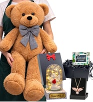 Büyük Boy Kahve Peluş Ayıcık, Kişiye Özel Işıklı Fanus ve Anka Kuşu Kolye Seti (Model 2)