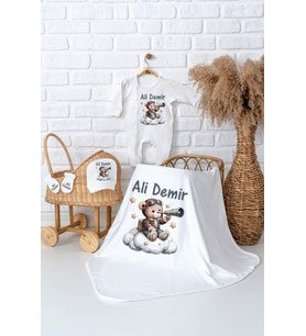 Pia Baby Premium  %100 Pamuk İsme Özel Erkek Bebek Hastane Çıkışı Tulumlu Bebek Hediye Seti 5007-05 (Ekru)