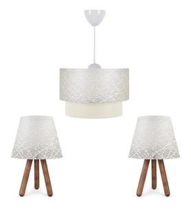 ArtGift Üçlü Avize Ve Abajur Seti Ahşap Ayak Beyaz Dantel Kumaş Başlık