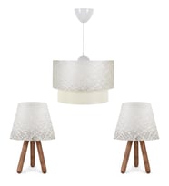 ArtGift Üçlü Avize Ve Abajur Seti Ahşap Ayak Beyaz Dantel Kumaş Başlık
