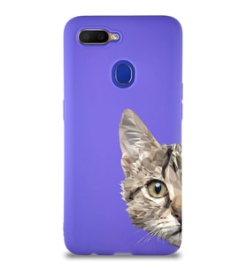 Oppo A5S Soft Premier Kapak Catface Tasarımlı Silikon Kılıf - Mor (Şeffaf)