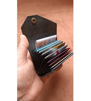 Hakiki Deri Unisex Akordiyon 10 Bölmeli Minimal Tasarım Kartlık (Siyah)