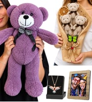 Kişiye Özel Fotoğraflı Gri Ayıcık Buketi, 50 cm Mor Peluş Ayıcık ve Renkli Anka Kuşu Kolye Hediye Seti