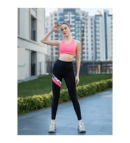 Versay Neon Pembe Ve Kamuflaj Şeritli Siyah Toparlayıcı Spor Tayt