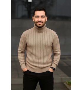 Erkek Balıkcı Yaka Bağazlı Triko Kazak Pamuklu Kalın Fitilli Dokuma, Regular Fit Uzun Kollu Kışlık M