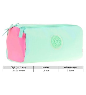Kaukko Quick Üç Bölmeli Su Yeşili Pembe Kalem Çantası - Kız Çocuk - K2701 (Çok Renkli)