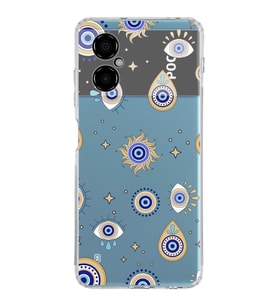 PrintiFy Poco M5 ile Uyumlu Nazar Boncuğu 5 Baskılı Kamera Korumalı Şeffaf Silikon Kılıf