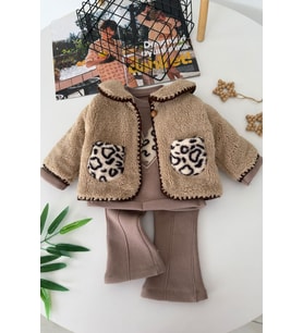 Leopar Cepli Peluş Ceketli Kız Bebek Kışlık 3’lü Takım - Vizon