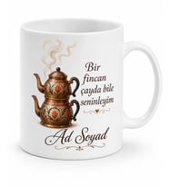 Gurbetçiye Hediye İsimli Çay Demliği Temalı Kupa Bardak Özel Tasarım