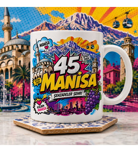 Manisa Temalı Hediyelik Kupa Bardak - 45 Plaka Şehzadeler Şehri Pop-Art Çizgi Roman Baskılı Özel Tasarım Kupa