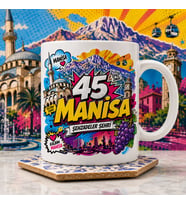 Manisa Temalı Hediyelik Kupa Bardak - 45 Plaka Şehzadeler Şehri Pop-Art Çizgi Roman Baskılı Özel Tasarım Kupa