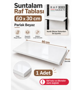 1 Adet - Suntalam Raf Tablası 60x30 cm Beyaz Ahşap Raf Konik Dikme Sistemleri ile Uyumlu