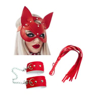 Fantezi Deri  Kırmızı Kedi Maske Kelepçe Kırbaç Seti ( 3’lü set)