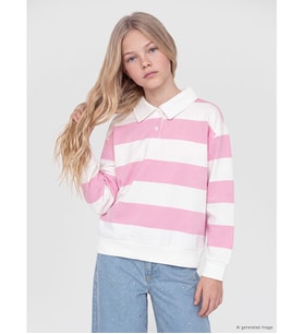 LC WAIKIKI Pembe Polo Yaka Çizgili Kız Çocuk Sweatshirt