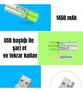 Usb İle Şarj Olabilen 2 Li 1450 Mah Lityum Şarjlı Kalem Pil