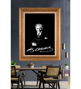 Altın Varaklı Çerçeveli Paspartulu Atatürk Tablo nh206 (Gold)