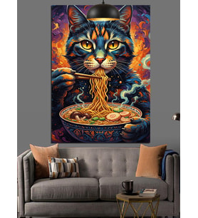 Spagetti Yiyen Kedi Portresi Dekoratif Kanvas - Mdf Ahşap Tablo