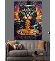 Spagetti Yiyen Kedi Portresi Dekoratif Kanvas - Mdf Ahşap Tablo