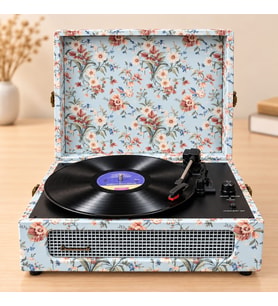 Crownwell Çiçek Desenli Bluetooth Turntable Pikap Vintage Bavul Tipi