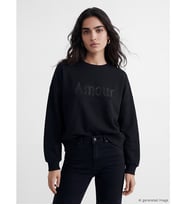 LCW Vision Siyah Bisiklet Yaka Taşlı Oversize Kadın Sweatshirt
