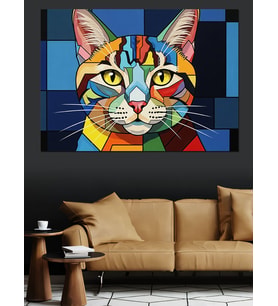Kübik Renkli Modern Kedi Portresi Dekoratif Kanvas - Mdf Ahşap Tablo