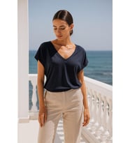 Kadın Koyu Lacivert Viskon Ön Arka V Yakalı T-shirt Yarasa Kol Relaxed Bluz