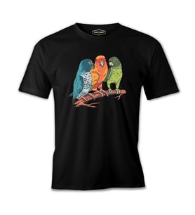Three Colorful Birds Talking Siyah Erkek Tshirt