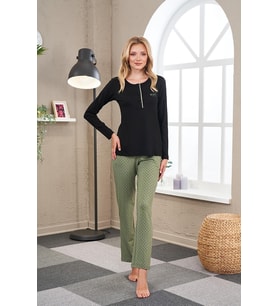 Pjs 23521 Kadın Patlı Puanlı Pijama Takım (Yeşil)