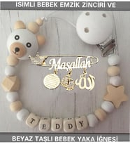 Sahi Aksesuar İsimli Bebek Emzik Zinciri ve Beyaz Taşlı Bebek Yaka İğnesi BEZYI063