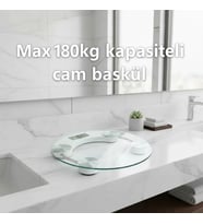 Yuvarlak Şeffaf Dijital Cam Baskül Tartı – 180 Kg Taşıma Kapasitesi, Hassas Ölçüm, Şık Tasarım Tera