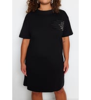 Yeni Rahat Günlük Süprem Örme Bisiklet Yaka Kısa Kol T-Shirt Elbise Mini Boy Büyük Beden Elbise (Siy