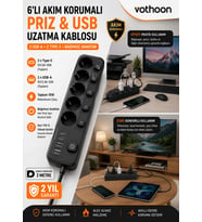 Akım Korumalı 5’li Priz 2xUSB 2xType-C Çıkış Akım Koruma Çoklu Priz Çoğaltıcı Anahtarlı FTR-31 Siyah