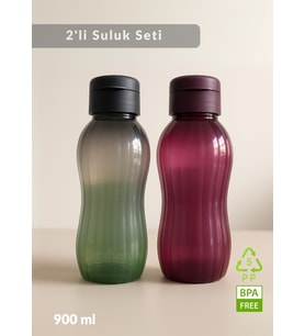 Suluk 2'li Set Su Şişesi BPA Free Okul Suluğu PP-5 Suluk Spor Okul Ofis Suluğu Mürdüm-Siyah 900 ml