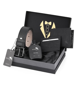 Polo Air Erkek Damat Çeyiz Kutulu 4'lü Profesyonel Koleksiyon Set Kemer, Cüzdan, Kartlık, Parfüm P-DMT-0009 (Siyah)