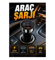 60W Çok Portlu Araç Şarj Adaptörü – 2 USB-C PD ve USB-A QC3.0