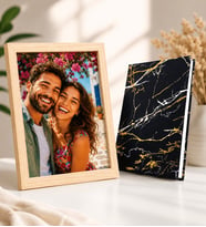 Kişiye Özel Büyük Boy Fotoğraflı Ahşap Çerçeve ve Siyah Mermer Tasarımlı Çizgili Defter Hediye Seti