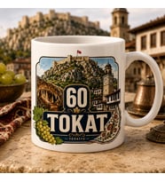60 Tokat Türkiye Temalı Baskılı Kupa, Tokat Kalesi Saat Kulesi Üzüm ve Geleneksel Şehir Manzaralı Memleket Hediyesi