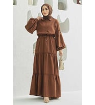 6567-Carla Büzgülü Elbise Kahve