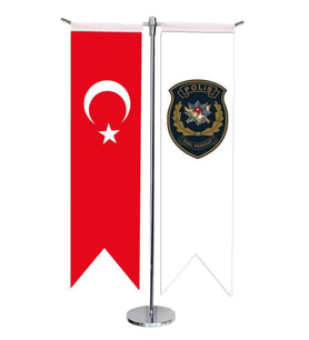 Masa Üstü Kırlangıç Polis Özel Harekat Türk Bayrağı + Krom T Direk Masa Bayrak Seti