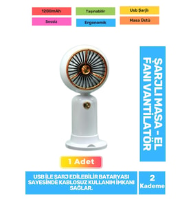 Sessiz 2 Kademeli Hafif Kablosuz 1200mAh Pervaneli Taşınabilir Usb Şarjlı Masa El Fanı Vantilatör