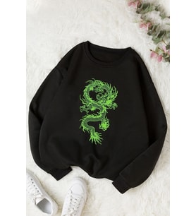 Unisex Chinese Dragon Bisiklet Yaka Sweatshirt (Siyah)